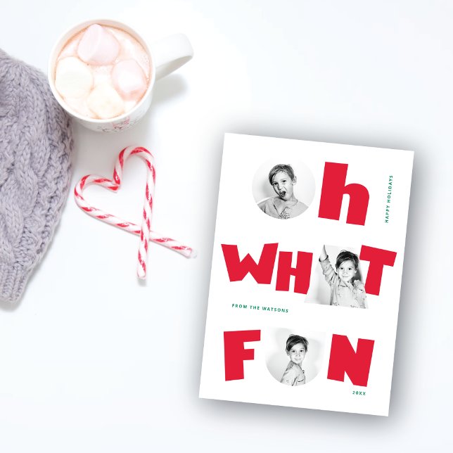 Oh What Fun Playful Cutout Shapes 3 Photo Seasonal Holiday Card (Creator Uploaded)