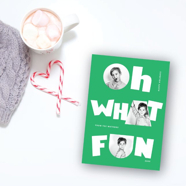 Oh What Fun Playful Cutout Shapes 3 Photo Seasonal Holiday Card (Creator Uploaded)