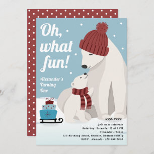 Oh What Fun Polar Bear Boy's 1st Birthday Invitation