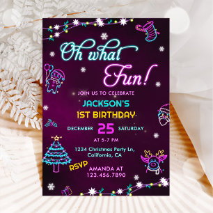 Oh What Fun Purple Neon Modern Christmas Birthday Invitation