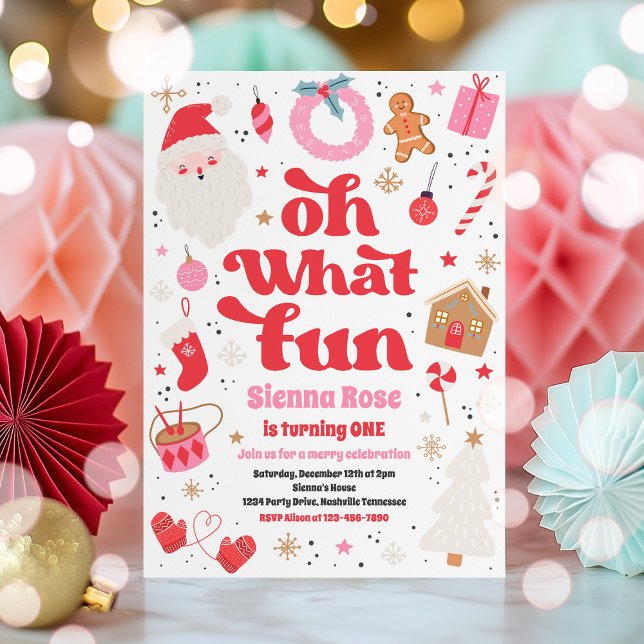 Oh What Fun Red And Pink Christmas Birthday Party Invitation (Creator Uploaded)