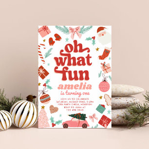 Oh What Fun Red And Pink Christmas First Birthday Invitation