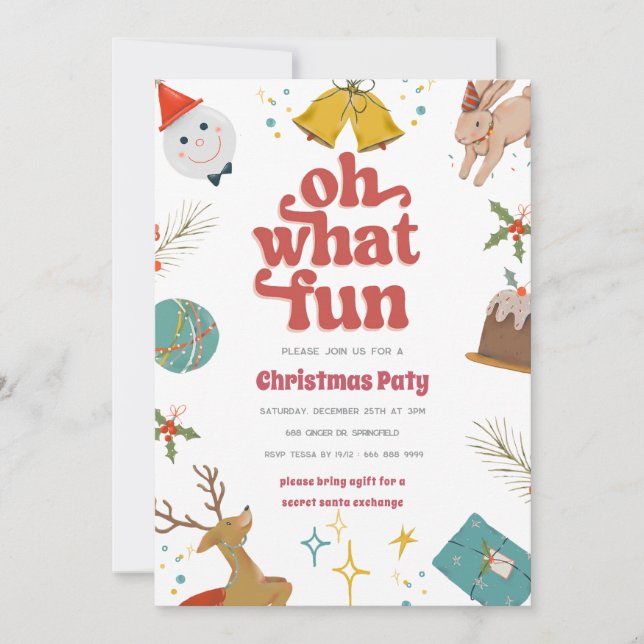 Oh What Fun Red And Pink Christmas Paty Invitation (Front)