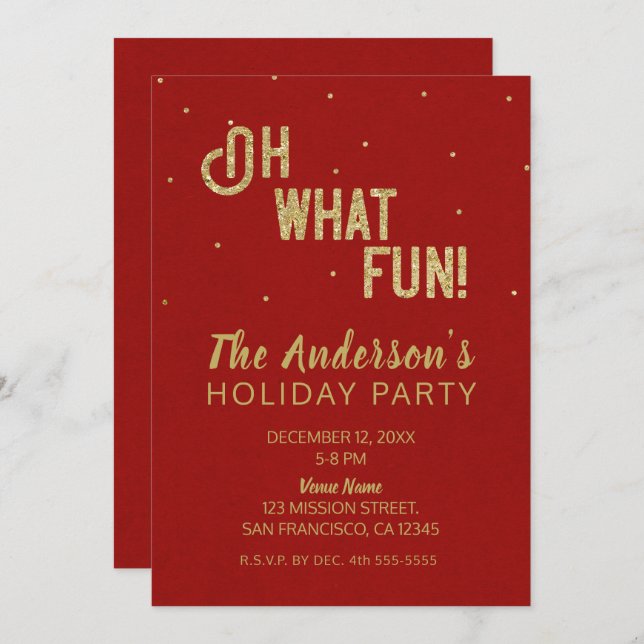 Oh What Fun Red Gold Holiday Party Christmas Invitation (Front/Back)