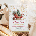 Oh What Fun | Red Gold Winter Wonderland Birthday  Invitation<br><div class="desc">Delight in the charm of an elegant red winter sleigh,  lovingly carrying a muted green Christmas tree and heartwarming presents. The attention to detail brings this whimsical scene to life,  evoking memories of first Christmases and the magic of childhood.</div>