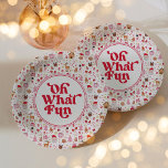 Oh What Fun Red Pink Christmas Birthday Party Paper Plate<br><div class="desc">This whimsical design features a delightful and playful illustration of beloved Christmas elements,  beautifully rendered in a heartwarming palette of red,  pink,  and white.</div>