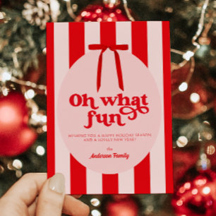 Oh What Fun Red Pink Retro Holiday Card