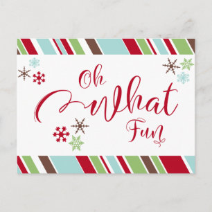 Oh What Fun Red w/ Snowflakes & Diagonal Stripes Postcard