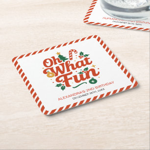 Oh What Fun Retro Christmas Birthday Square Paper Coaster