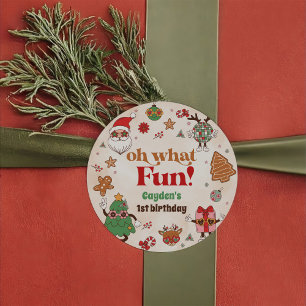 Oh What Fun Retro Christmas First Birthday Classic Round Sticker