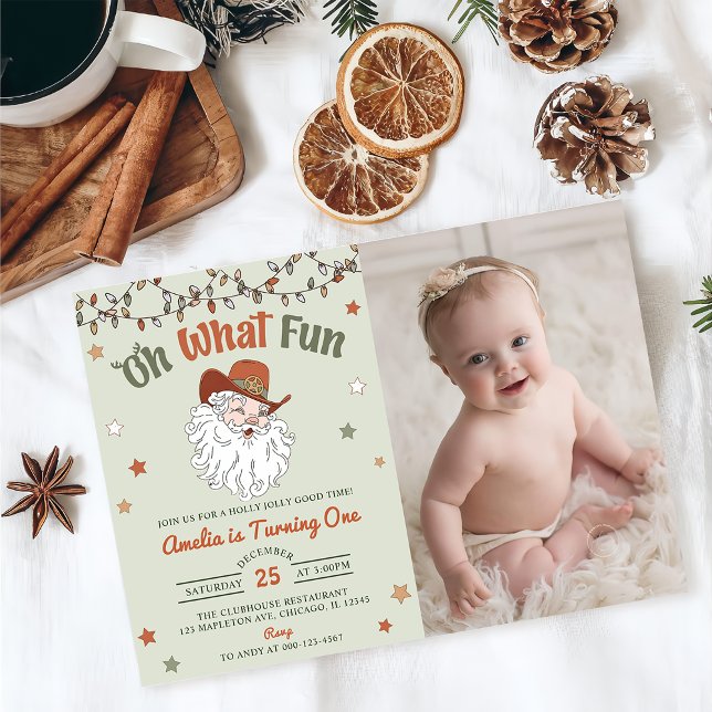 Oh What Fun Santa Christmas Birthday Photo  Invitation (Creator Uploaded)
