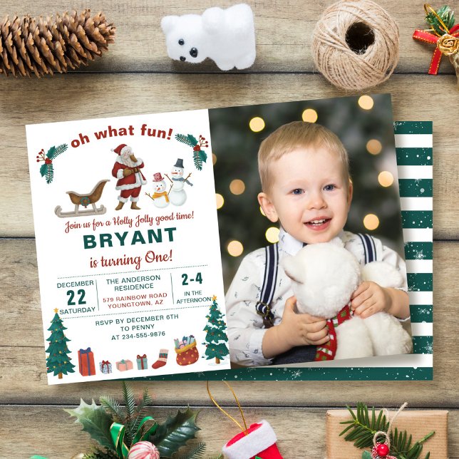 Oh What Fun Santa Claus Christmas Birthday Photo Invitation (Creator Uploaded)