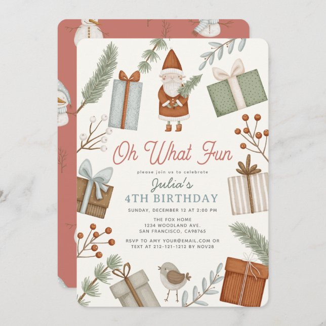Oh What Fun Santa Claus Holiday Girl Birthday Invitation (Front/Back)