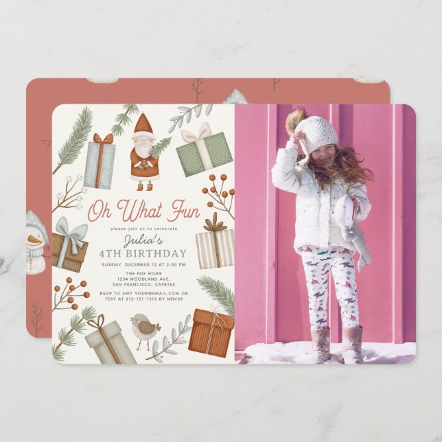 Oh What Fun Santa Holiday Girl Birthday Photo Invitation (Front/Back)