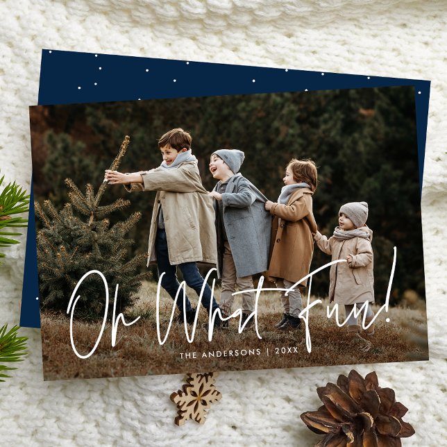 Oh What Fun Script Navy Photo Holiday Card (Creator Uploaded)