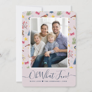 Oh What Fun Script Pattern Photo Holiday Card