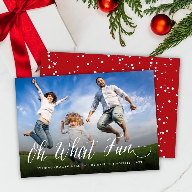 Oh What Fun Simple Script Cute Smiling Face Photo Holiday Card (Creator Uploaded)