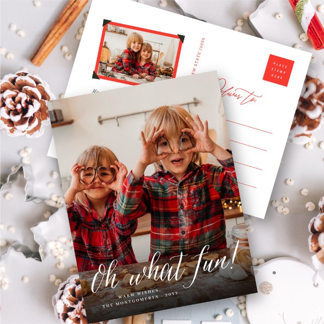 Oh What Fun Simple Script Modern Minimalist Photo Holiday Postcard (Creator Uploaded)
