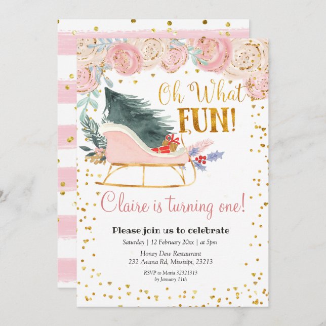 Oh What Fun Sleigh Girl First birthday invitation (Front/Back)