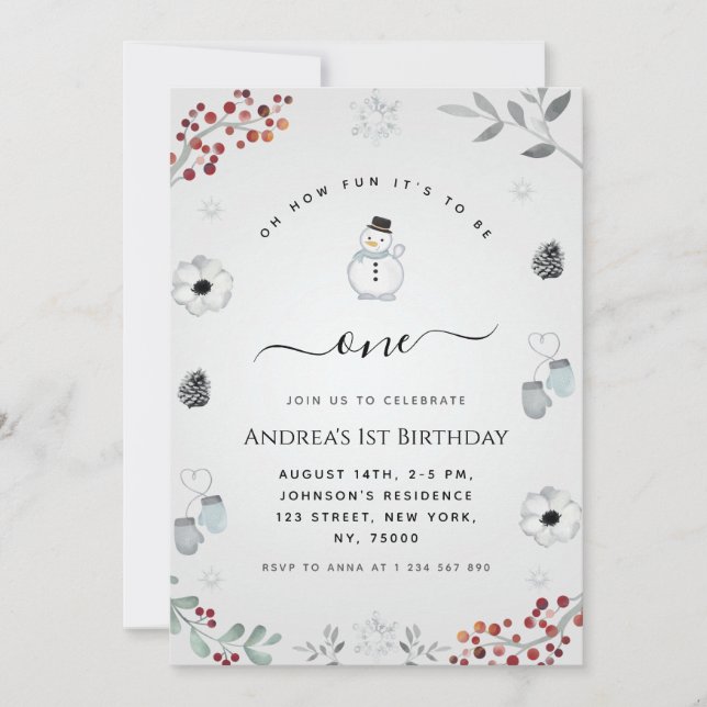 Oh What Fun Snowman Winter 1st Birthday Party Invitation (Front)