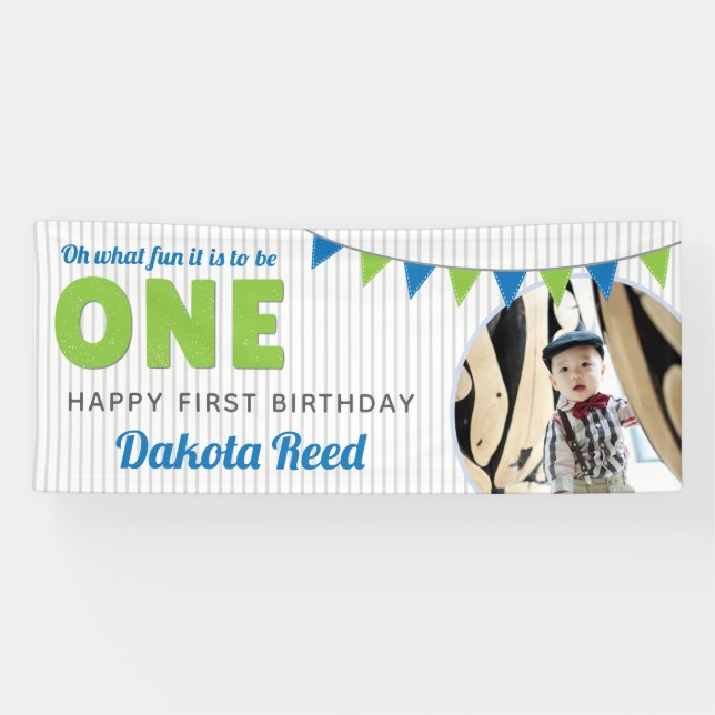 Oh What Fun to be ONE Blue Green First Birthday Banner (Horizontal)