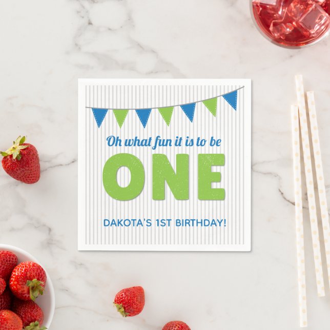 Oh What Fun to be ONE Blue Green First Birthday Napkin (Insitu)