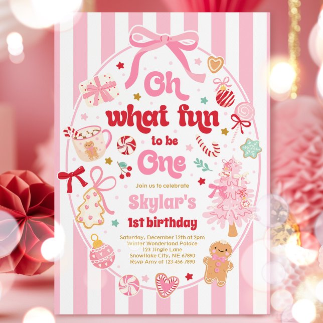 Oh What Fun To Be One Christmas Bow 1st Birthday Invitation (Creator Uploaded)