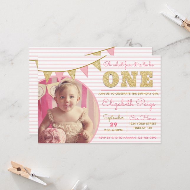 Oh What Fun to be ONE Pink & Gold First Birthday Invitation (Front/Back In Situ)