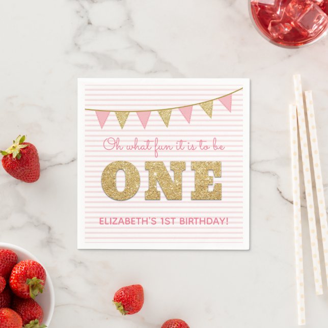 Oh What Fun to be ONE Pink & Gold First Birthday Napkin (Insitu)