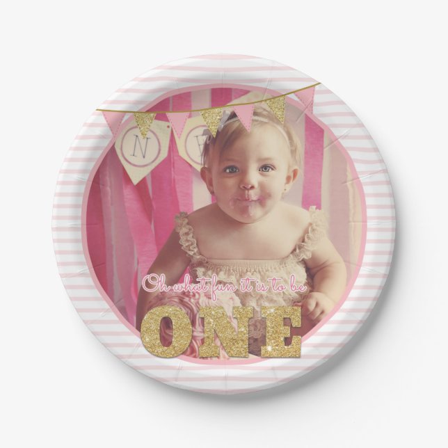 Oh What Fun to be ONE Pink & Gold First Birthday Paper Plate (Front)
