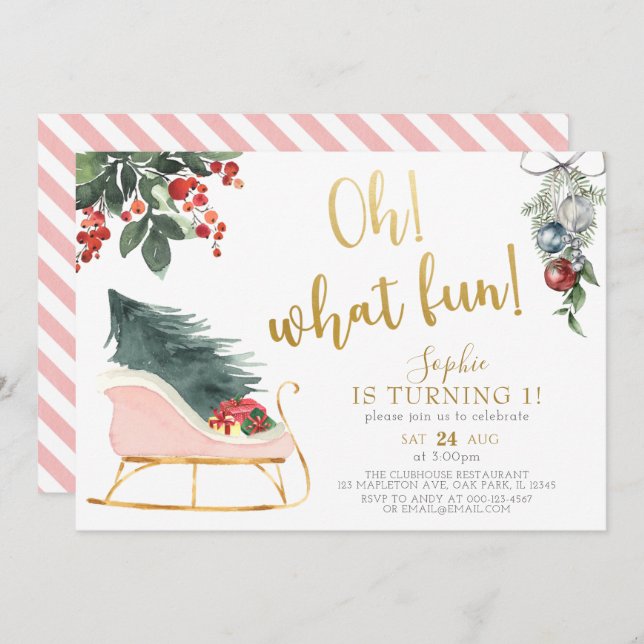 Oh What Fun! Turning One Christmas First Birthday Invitation (Front/Back)