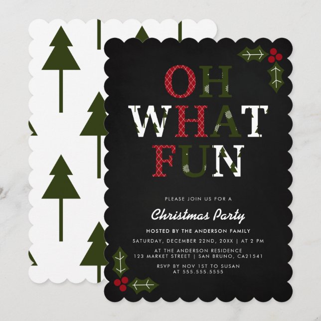 OH WHAT FUN Typography & Christmas Trees | Party Invitation (Front/Back)