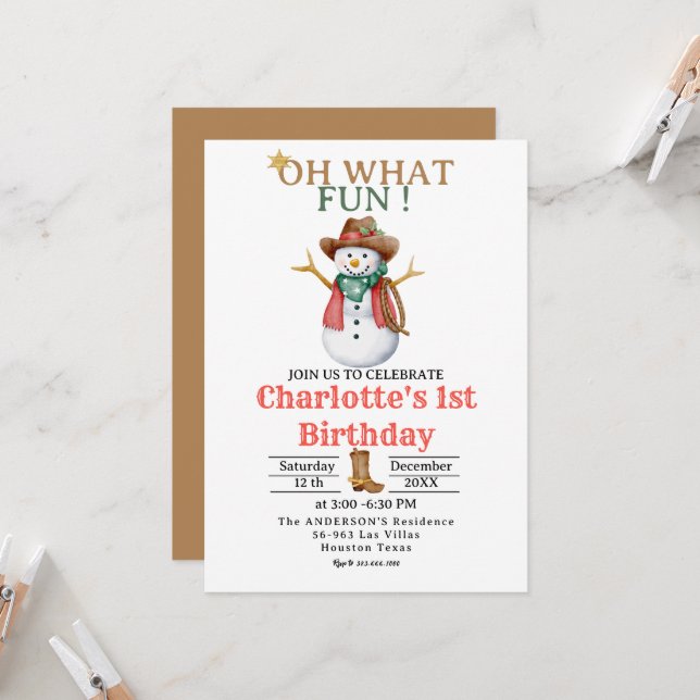 Oh What Fun Western Cowboy Christmas 1st Birthday  Invitation (Front/Back In Situ)
