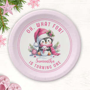 Oh What Fun Winter Cute Penguin Girl 1st Birthday Paper Plate