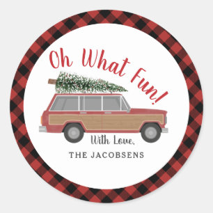 Oh What Fun Wood Wagon Plaid Christmas Tree Classic Round Sticker