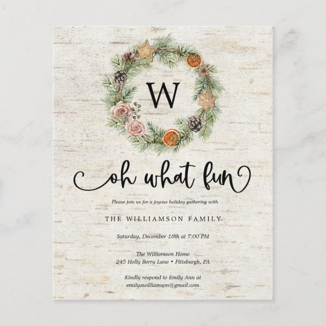 Oh What Fun Wreath Budget Holiday Party Invitation (Front)