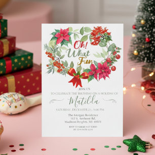 Oh What Fun Wreath Christmas Birthday Party  Invit Invitation