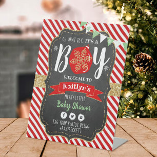 "Oh What Joy, It's A Boy!" Christmas Baby Shower Pedestal Sign