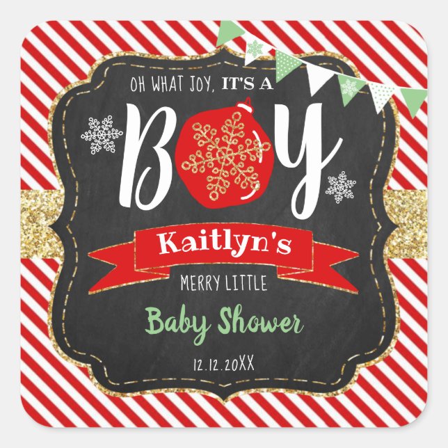 "Oh What Joy, It's A Boy!" Christmas Baby Shower Square Sticker (Front)