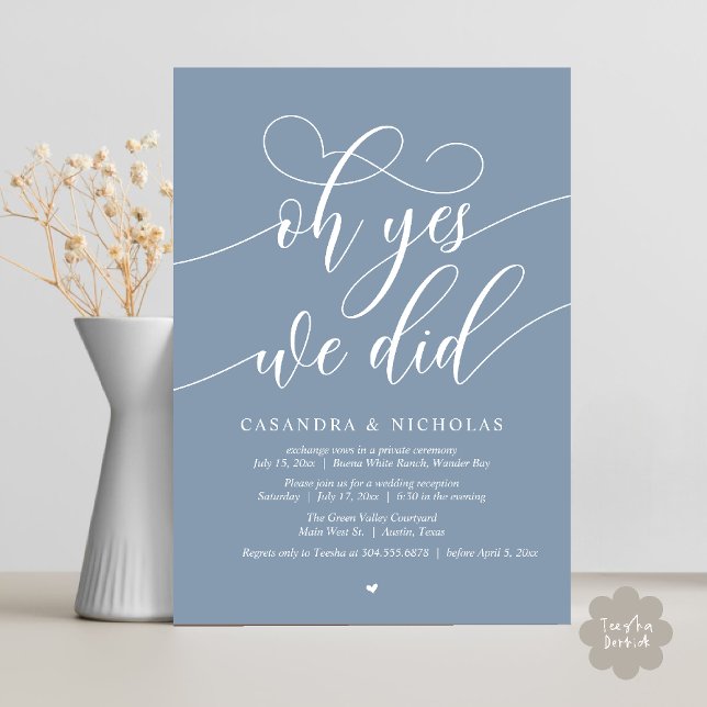 Oh Yes, We Did, Modern Elopement Dinner Invitation (Oh Yes, We Did, Modern Romantic Modern Wedding Reception Invitation Card PDF Dusty Blue)