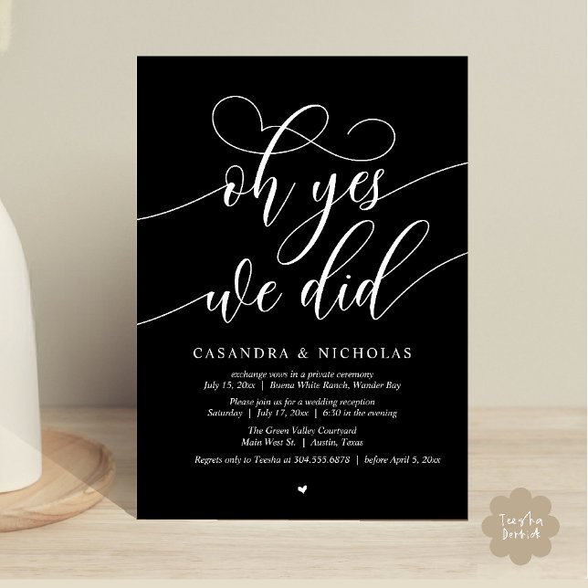 Oh Yes, We Did, Modern Elopement Dinner Invitation (Oh Yes, We Did, Modern Romantic Modern Wedding Reception Invitation Card PDF Classy Black White)