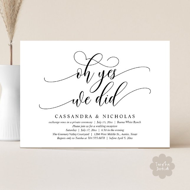 Oh Yes, We Did, Modern Romantic Wedding Reception Invitation (Oh Yes, We Did, Modern Romantic Modern Wedding Reception Invitation Card PDF Classy Black White)