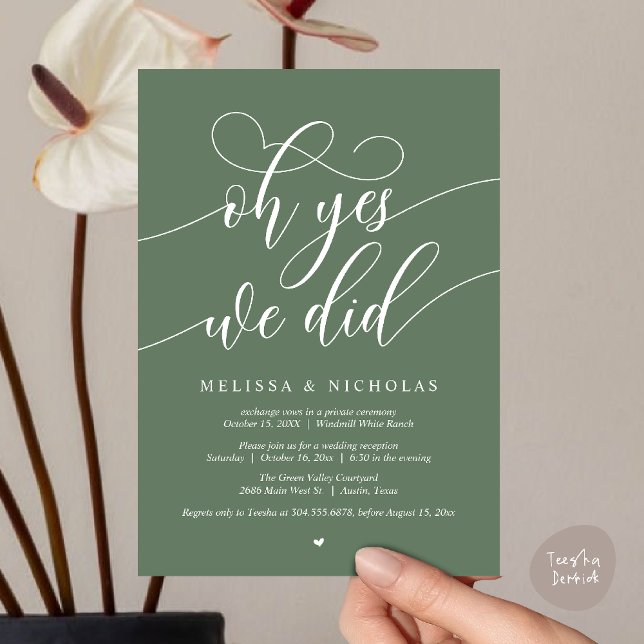 Oh Yes We Did Modern Script Elopement Announcement (Oh Yes We Did Modern Creative Script Elopement Announcement Dinner Card in Sage Green)