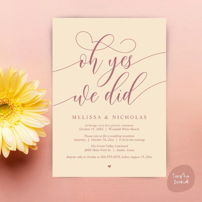 Oh Yes We Did Modern Script Elopement Announcement (Oh Yes We Did Modern Creative Script Elopement Announcement Dinner Card in Champagne and Rose Gold)