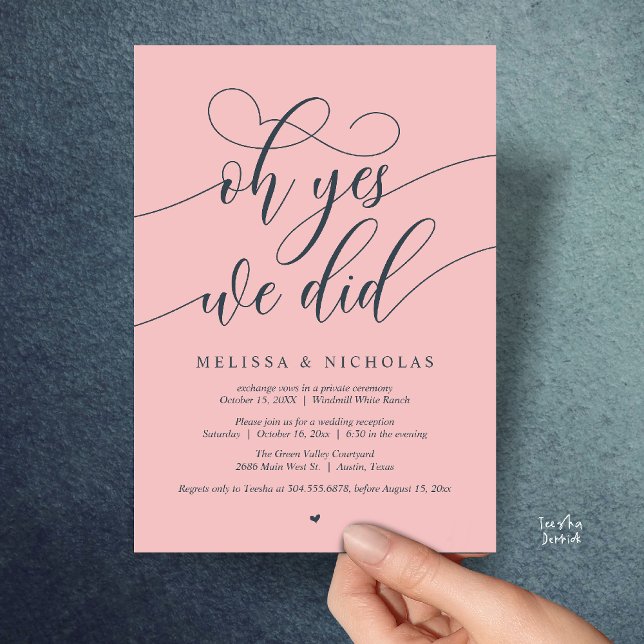 Oh Yes We Did Modern Script Elopement Announcement (Oh Yes We Did Modern Creative Script Elopement Announcement Dinner Card in Blush and Charcoal Grey)