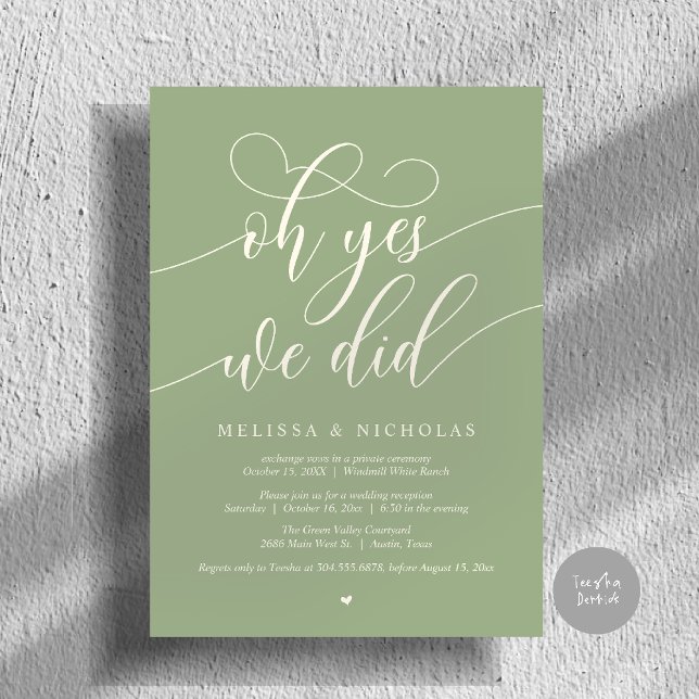 Oh Yes We Did Modern Script Elopement Announcement (Oh Yes We Did Modern Creative Script Elopement Announcement Dinner Card in Sage Romance Cream White)