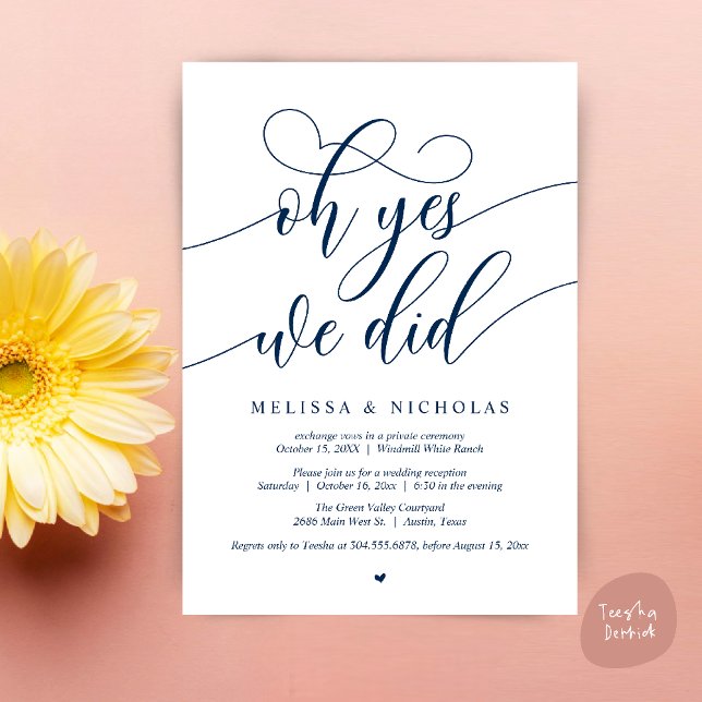 Oh Yes We Did Modern Script Elopement Announcement (Oh Yes We Did Modern Creative Script Elopement Announcement Dinner Card in Navy Blue)