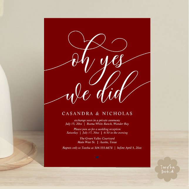 Oh Yes, We Did, Modern Script Wedding Reception Invitation (Oh Yes, We Did, Modern Romantic Modern Wedding Reception Invitation Card PDF Burgundy Wine Red)