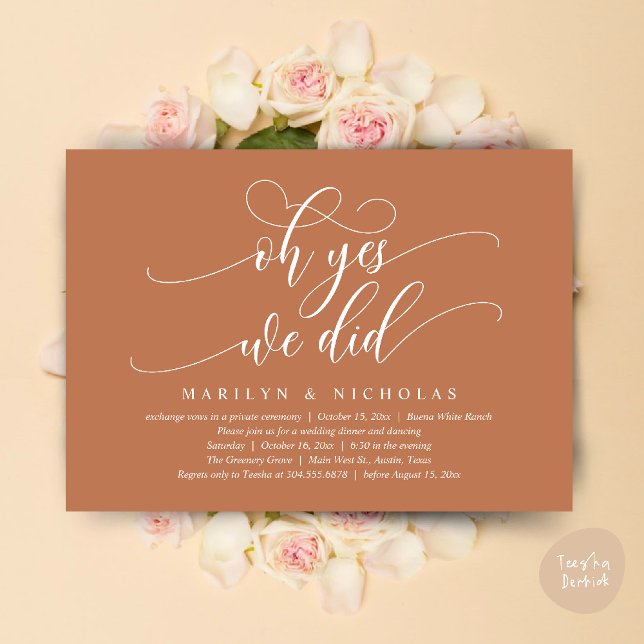 Oh Yes, We Did, Modern Wedding Dinner and Party Invitation (Oh Yes, We Did, Wedding Elopement Dinner Romantic Modern Party Invitation Card PDF Copper Brown)
