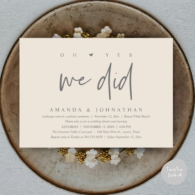 Oh Yes, We Did, Modern Wedding Elopement Dinner Invitation (Oh Yes, We Did, Modern Wedding Elopement Dinner Modern Clean Invitation Card PDF in Cream Grey)